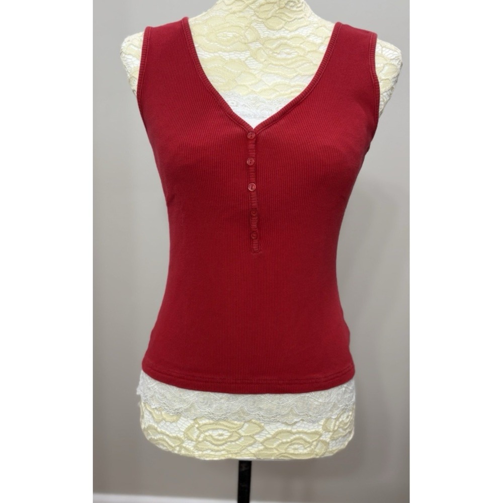 Y2K DressBarn Womens S Red Ribbed Lace Trim Tank Top Fitted Cotton Coquette